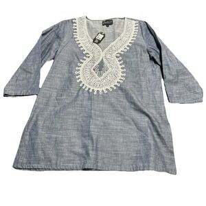 B Boutique Cotton Tunic 3/4 Sleeve Breathable Beachy Embroidered Vacation Size L